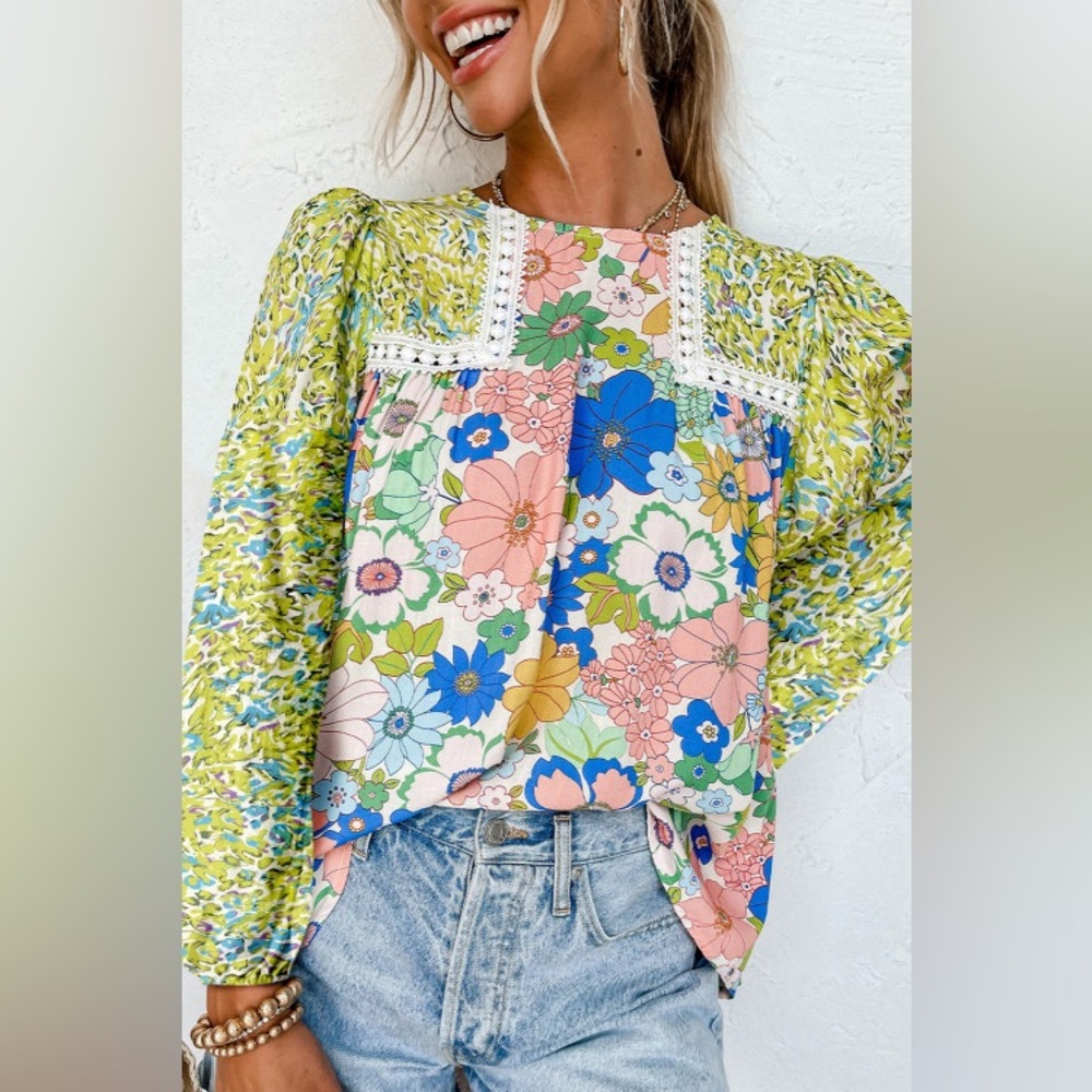 Green blue floral embroidered lace boho bohemian ruffle flutter sleeve blouse